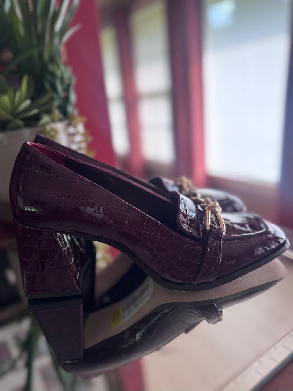 Antonio Melani Patent Croc-Embossed Block Heel Loafers - Burgundy - Picture 5 of 6